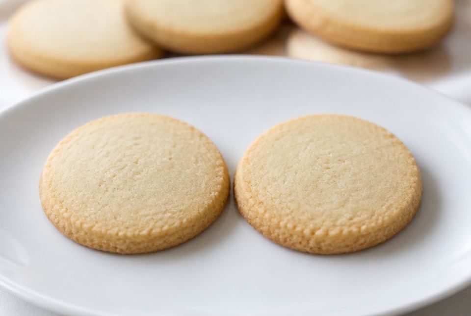 Two round, plain butter cookies side by side on a white plate.