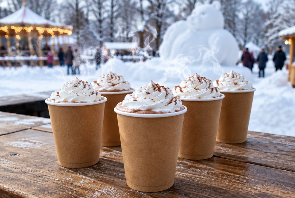 Paper cups of hot chocolate topped with whipped cream on a wooden table at a snowy outdoor winter carnival.