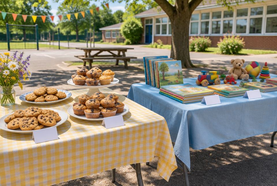 Tables outside a school with cookies and muffins on one and used books and toys on the other.