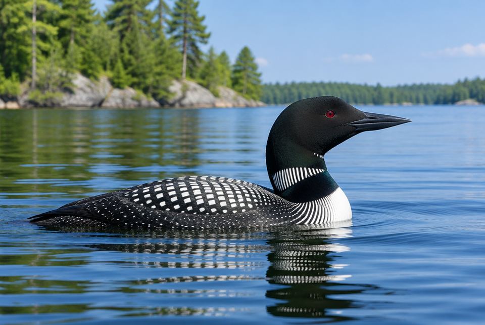 A common loon with a black head, red eye, and black and white checkered back swimming on a lake.
