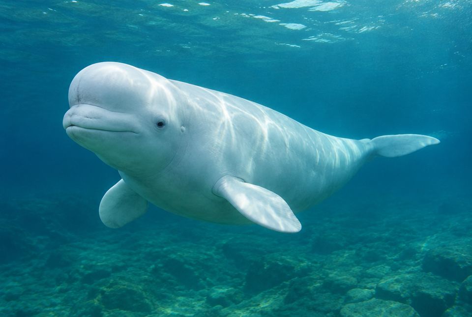 A white beluga whale swimming underwater, with its flippers and tail visible.