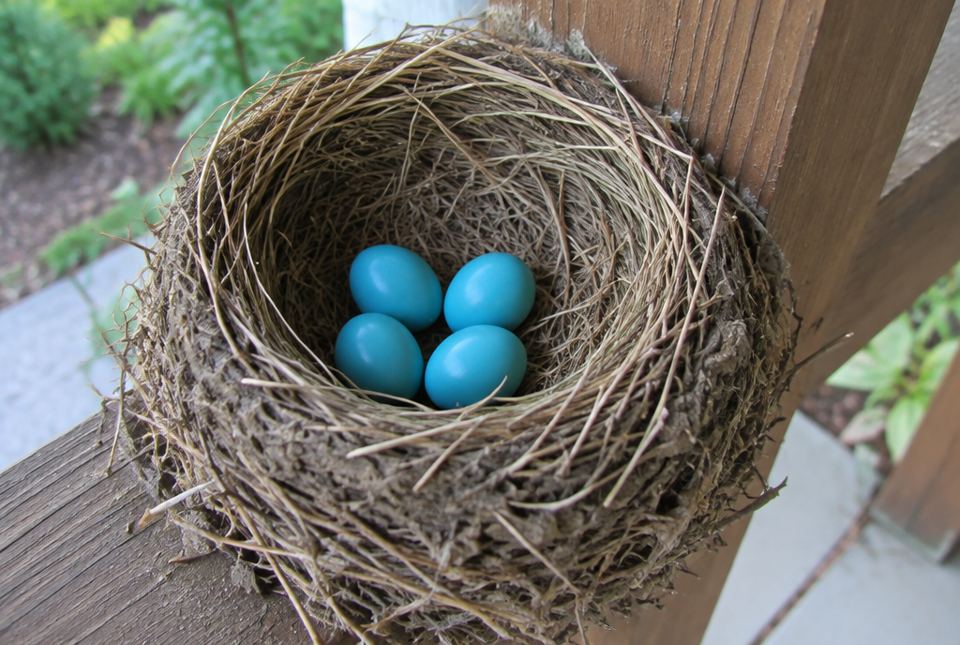 A robin's nest made of grass on a porch, holding four bright blue eggs.