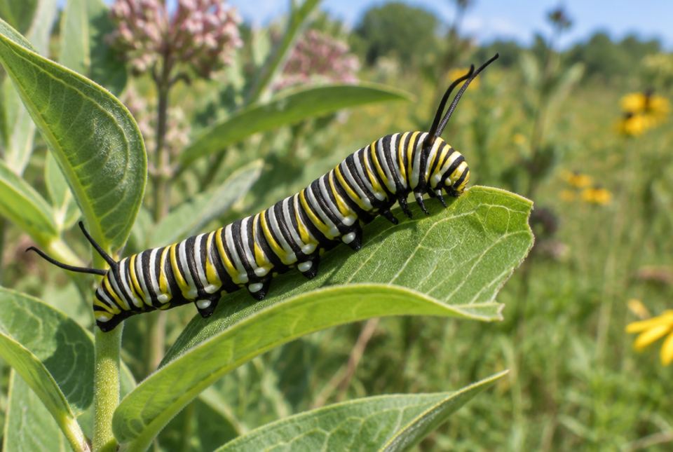 A monarch caterpillar with black, white and yellow stripes eating a milkweed leaf.