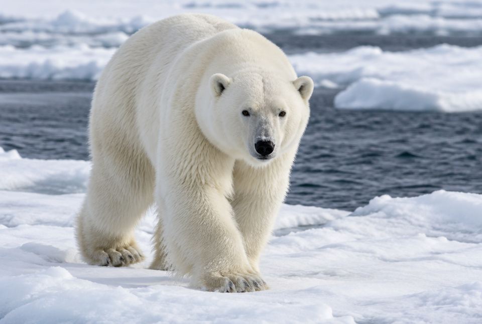 A polar bear with thick white fur walking on sea ice beside cold, dark water.