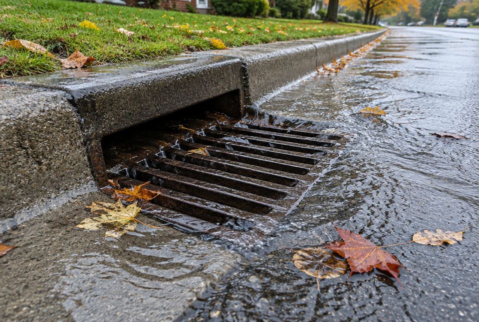 Rainwater and fallen leaves flowing into a metal storm drain at the edge of a street.