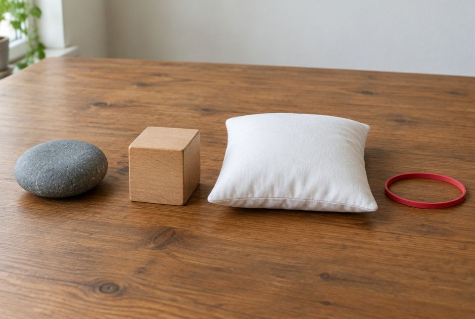 A smooth grey rock, a wooden block, a small white pillow and a red rubber band in a row on a table.