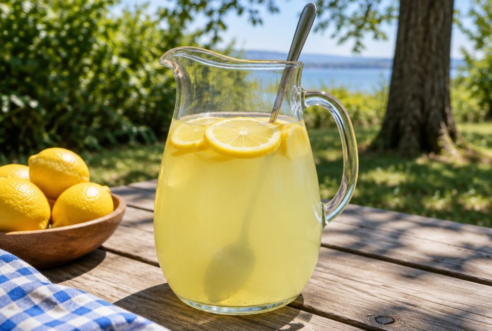A glass jug of yellow lemonade with lemon slices and a long spoon, next to a bowl of lemons on a picnic table.