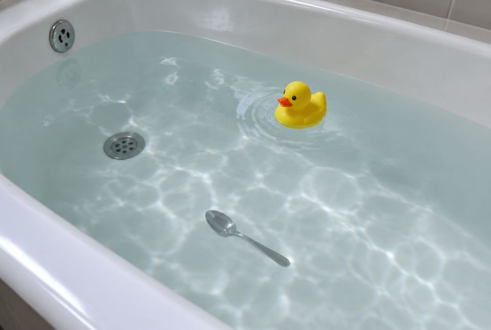 A yellow rubber duck floating in a bathtub of water, with a metal spoon lying on the bottom.