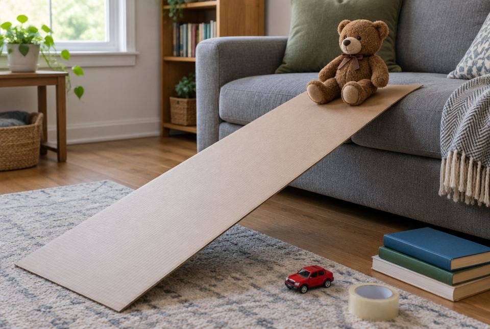 A long cardboard ramp leaning from a living room rug up to a couch seat, with a teddy bear sitting at the top and a toy car, tape and books nearby.
