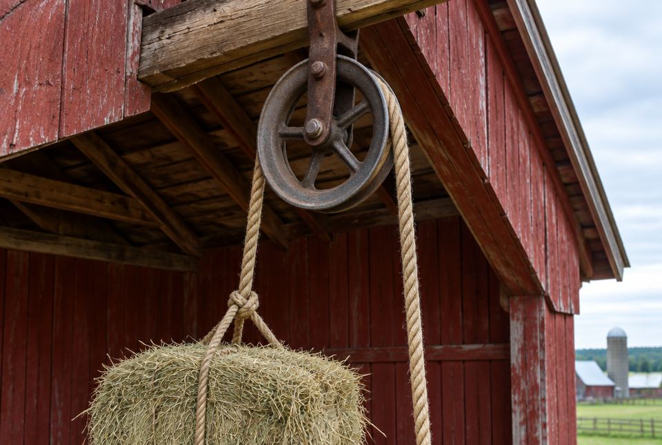 An old metal pulley wheel hanging from a beam on a red barn, with a rope going over it and tied around a bale of hay.