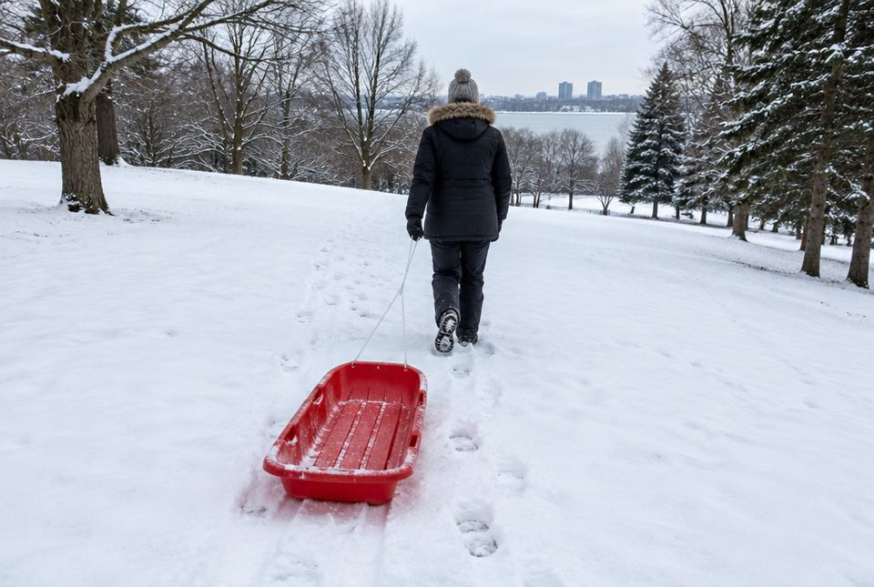 A person in a winter coat walking through a snowy park, pulling a red sled by its rope.