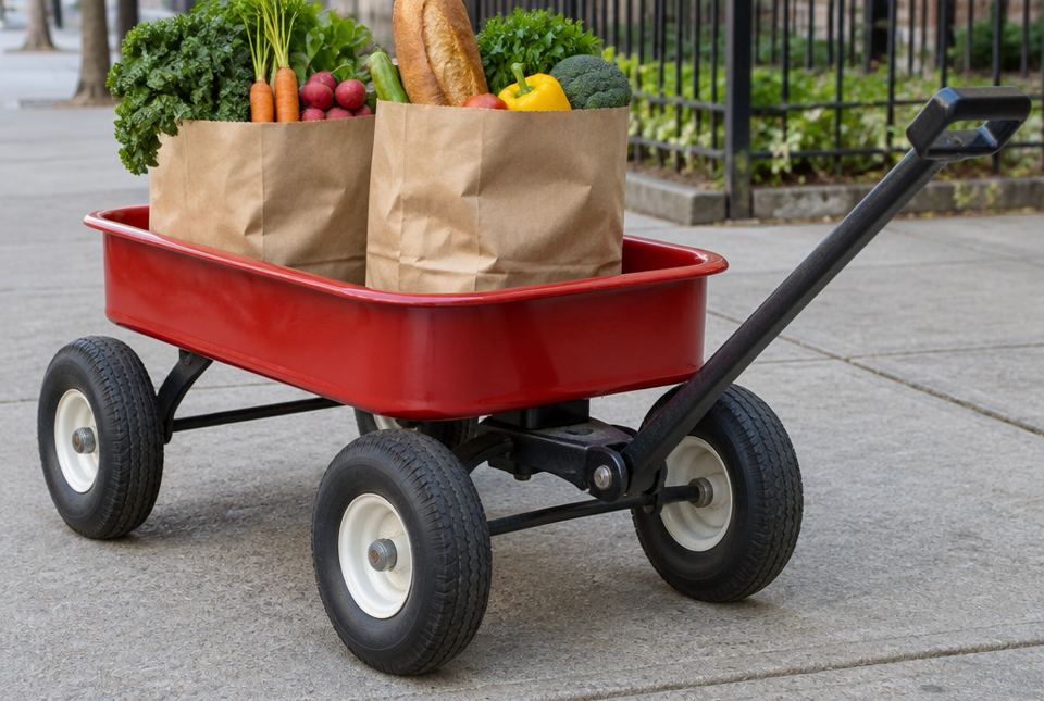A red wagon on a sidewalk carrying two paper bags full of vegetables and bread.