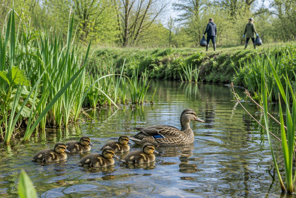 A mother duck and six ducklings swimming in a creek, with two people carrying garbage bags on the bank in the distance.
