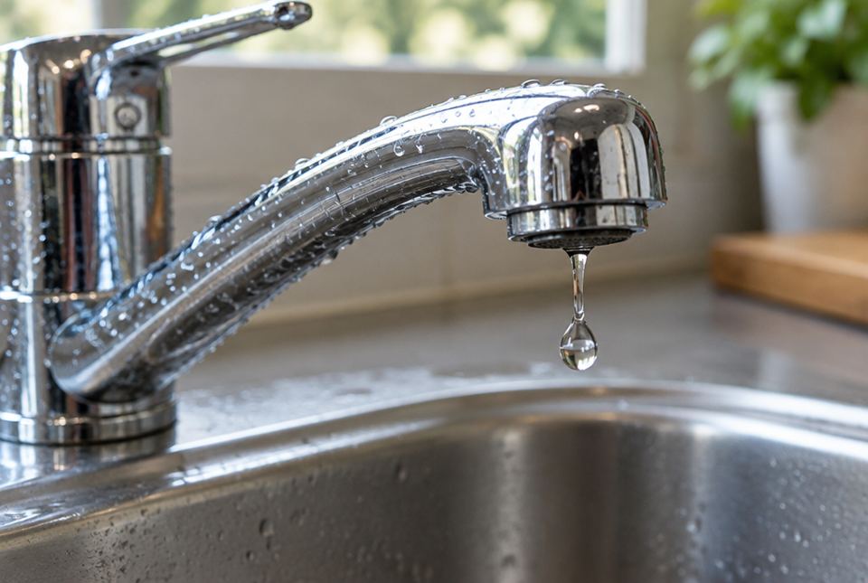 A drop of water falling from a kitchen tap into a metal sink.