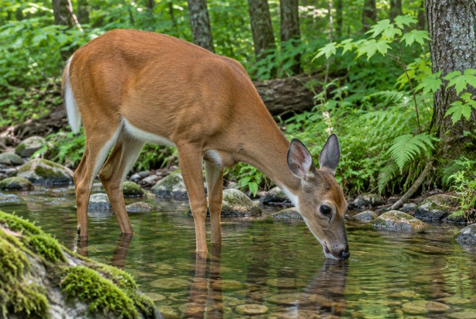 A white-tailed deer standing in a forest stream and drinking the water.