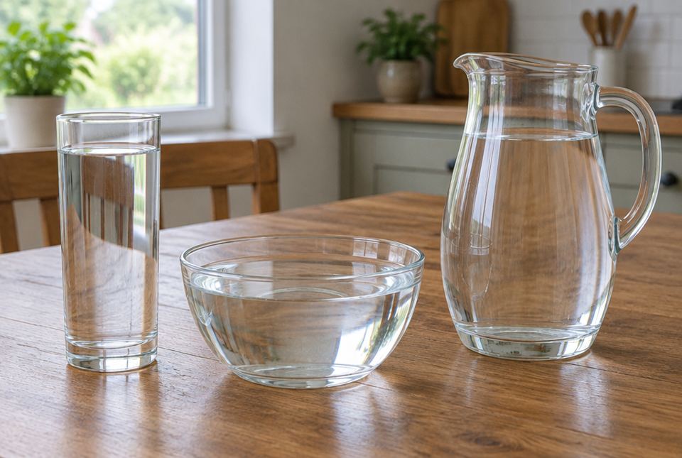 A tall glass, a wide bowl and a jug of clear water on a kitchen table.