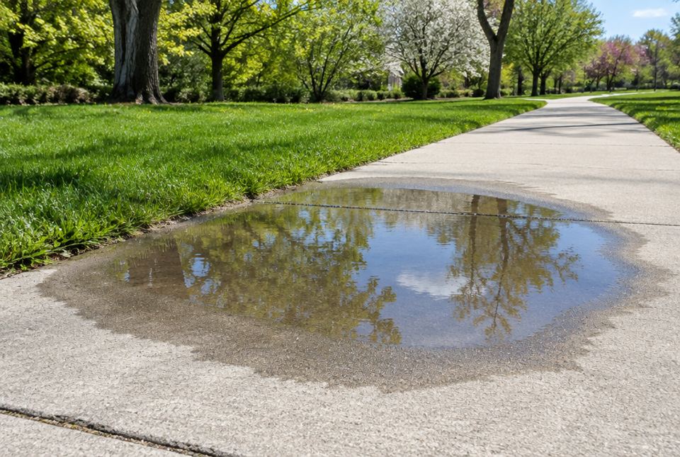 A puddle on a sidewalk on a sunny spring day, with its edges already drying.