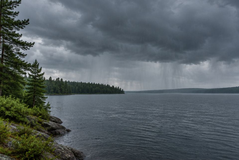 Dark grey clouds over an Ontario lake with streaks of rain falling onto the water.