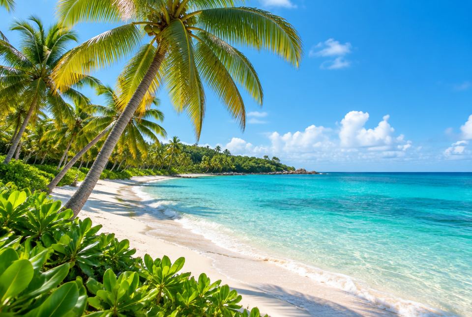 A white sand beach with palm trees and clear turquoise water under a bright blue sky.