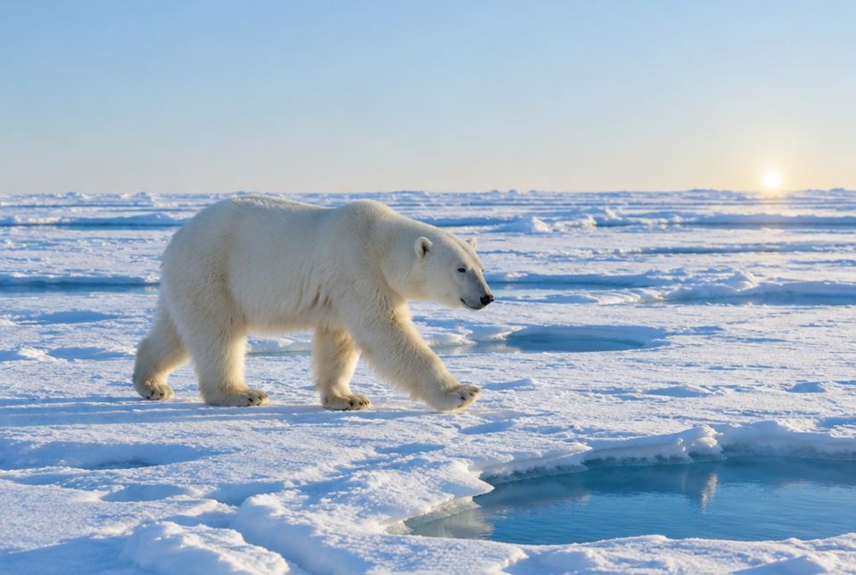 A polar bear walking across snowy sea ice beside a pool of blue water, with a low sun on the horizon.