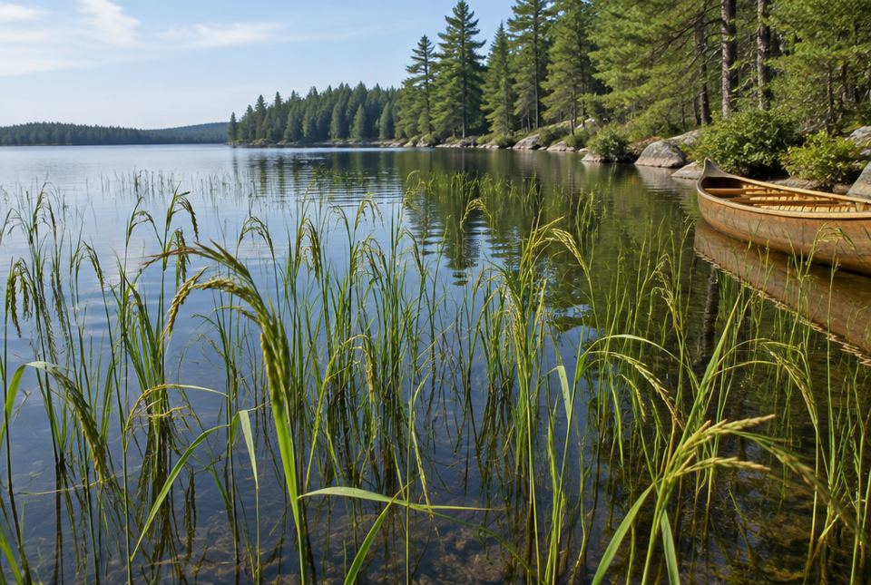 Tall green wild rice plants growing in the shallow water of a calm lake, with a canoe at the shore and pine trees behind.