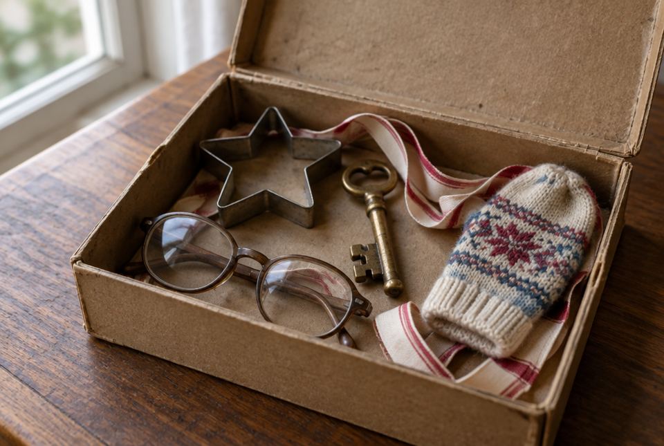 An open cardboard box holding a star-shaped cookie cutter, an old key, a pair of old eyeglasses, a small knitted mitten and a striped ribbon.