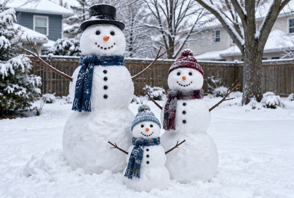 Three snowmen of different sizes, with hats and knitted scarves, standing together in a snowy backyard.