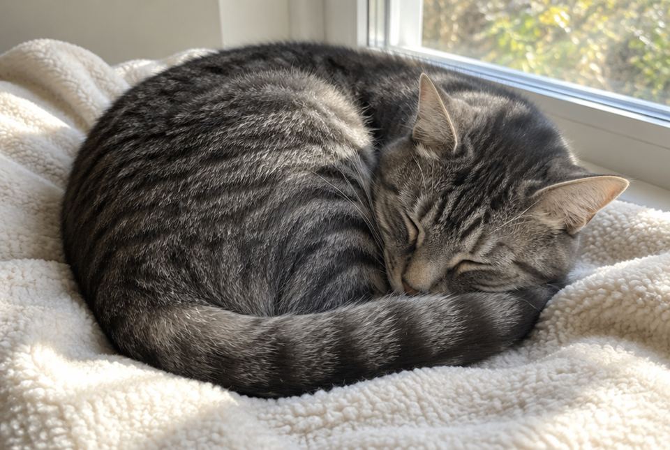 A grey striped cat curled up in a tight round ball, sleeping on a fluffy white blanket by a window.