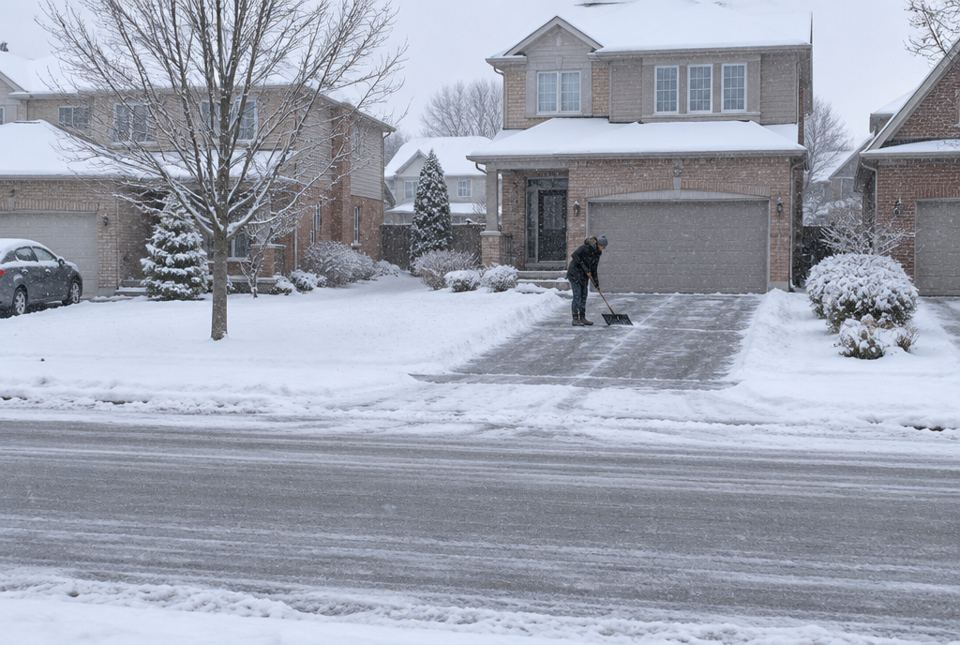 A person shovelling snow from a driveway in front of a house on a snowy street, seen from across the road.