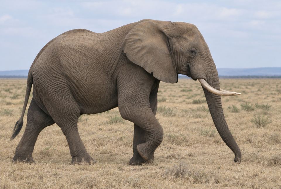 An elephant walking across a dry grassy plain with its trunk hanging low.