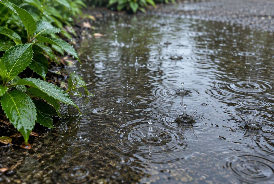 Raindrops splashing into a puddle on a path, making rings, next to wet green leaves.