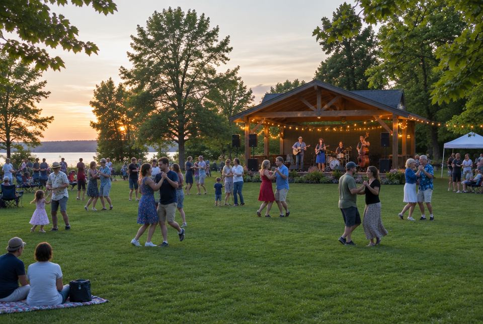 People of many ages dancing on the grass at an outdoor summer evening concert in a park by a lake, with a band playing under a wooden shelter.