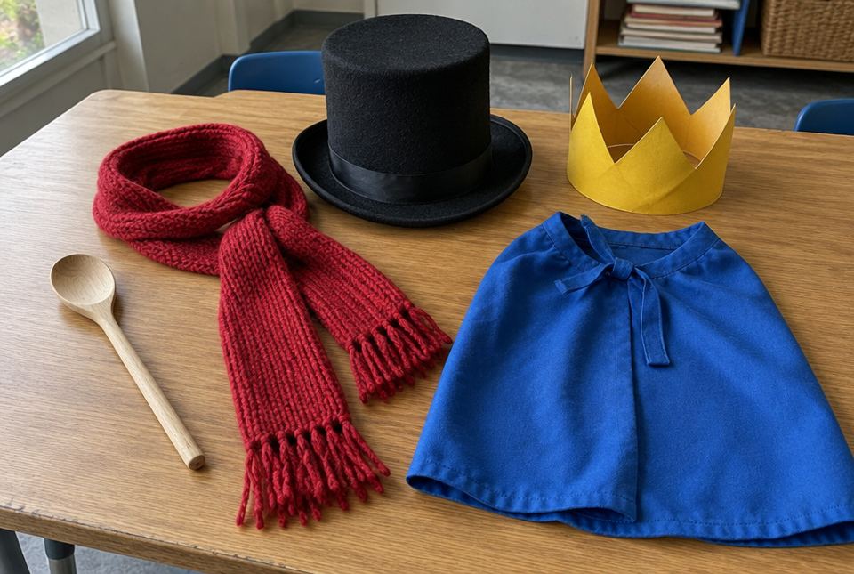 A wooden spoon, a red knitted scarf, a black top hat, a yellow paper crown and a blue cape laid out on a classroom table.