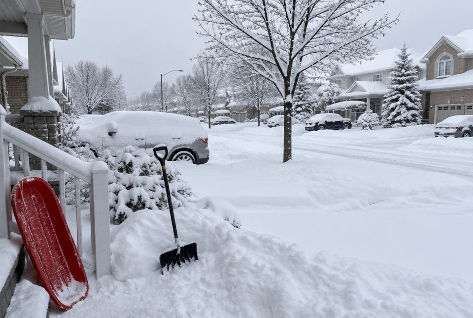 A snowy neighbourhood street after a big snowfall, with a red sled and a snow shovel standing in the snow by a front porch.
