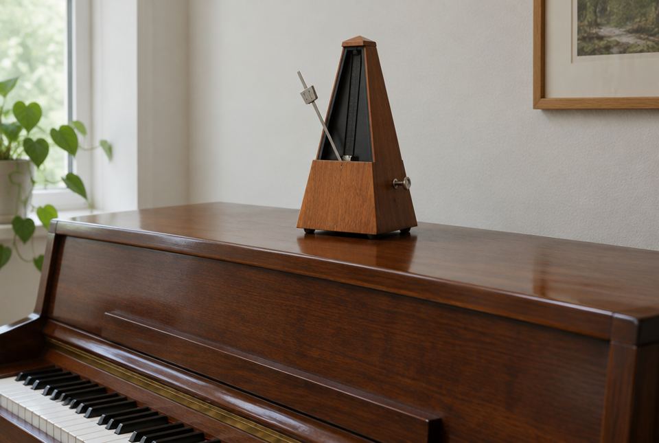 A wooden metronome with its arm swinging, sitting on top of an upright piano.
