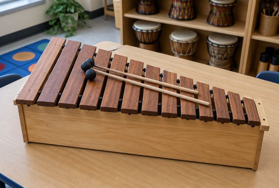A wooden classroom xylophone whose bars get shorter from left to right, with two mallets resting on it.