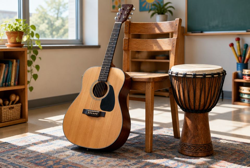 An acoustic guitar leaning against a wooden chair next to a tall hand drum in a sunny music room.