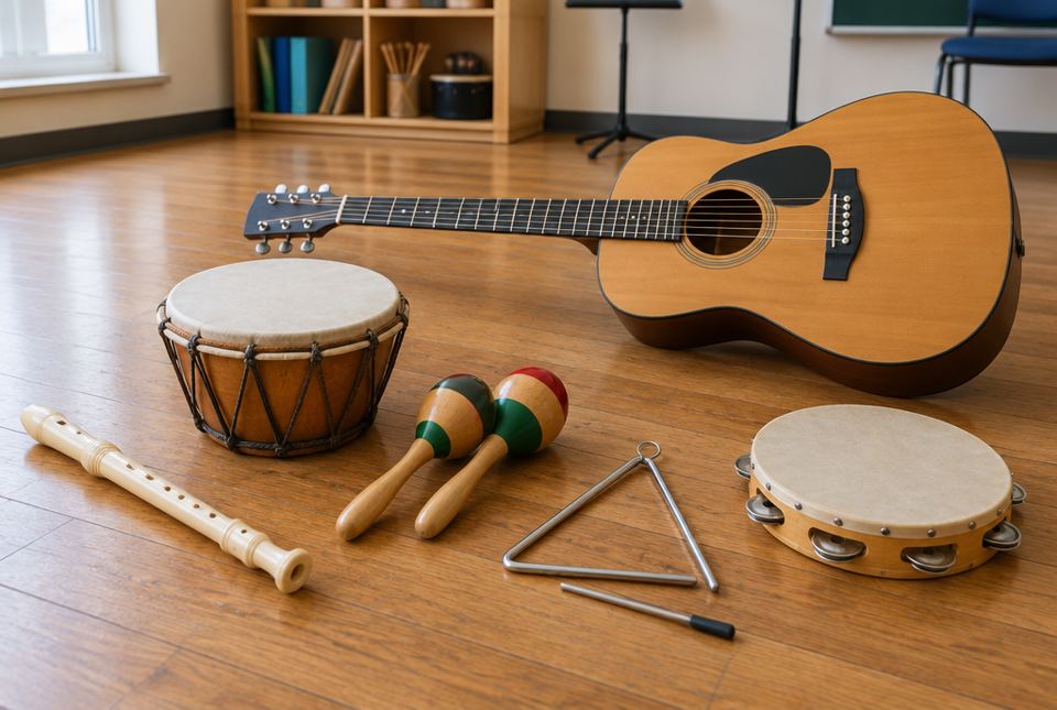 A guitar, a hand drum, a pair of maracas, a recorder, a triangle and a tambourine on a classroom floor.