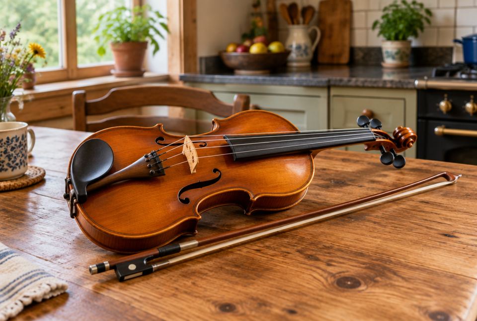 A fiddle and its bow resting on a wooden kitchen table in a cozy home kitchen.