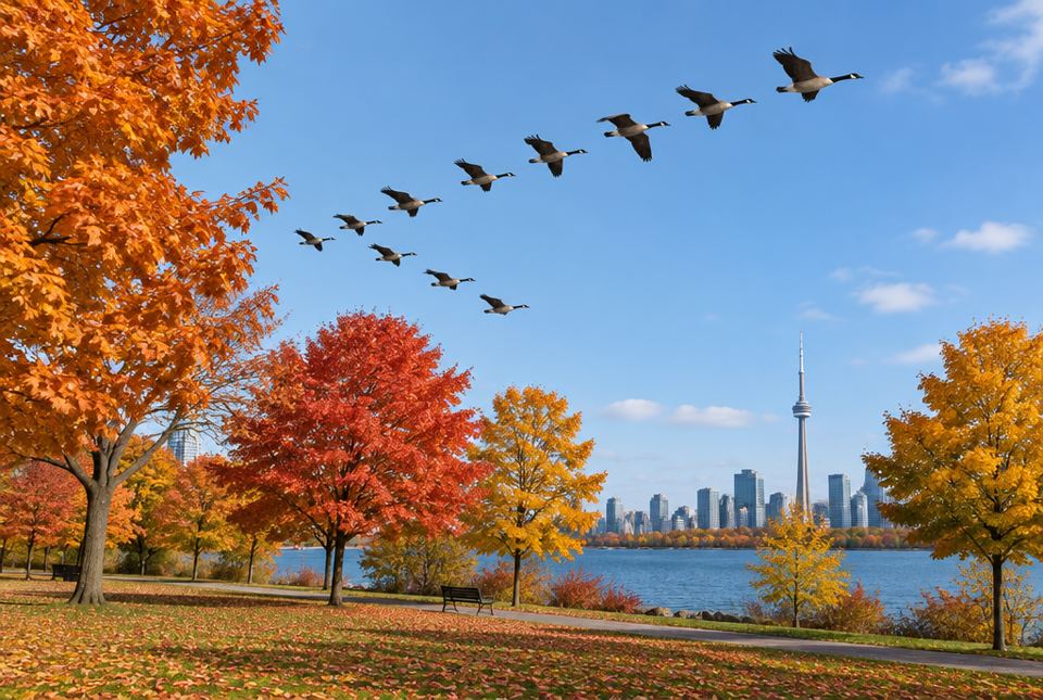 Canada geese flying in a long line over a park full of red, orange and yellow autumn trees, with a lake and a city skyline in the distance.