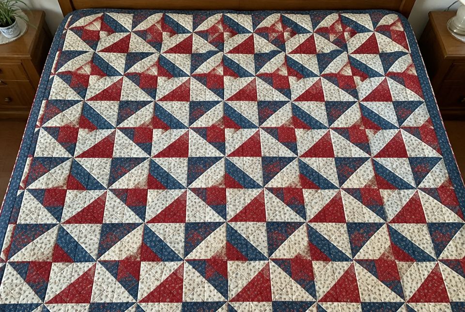 A patchwork quilt on a bed made of red, blue and cream triangles repeated in rows.
