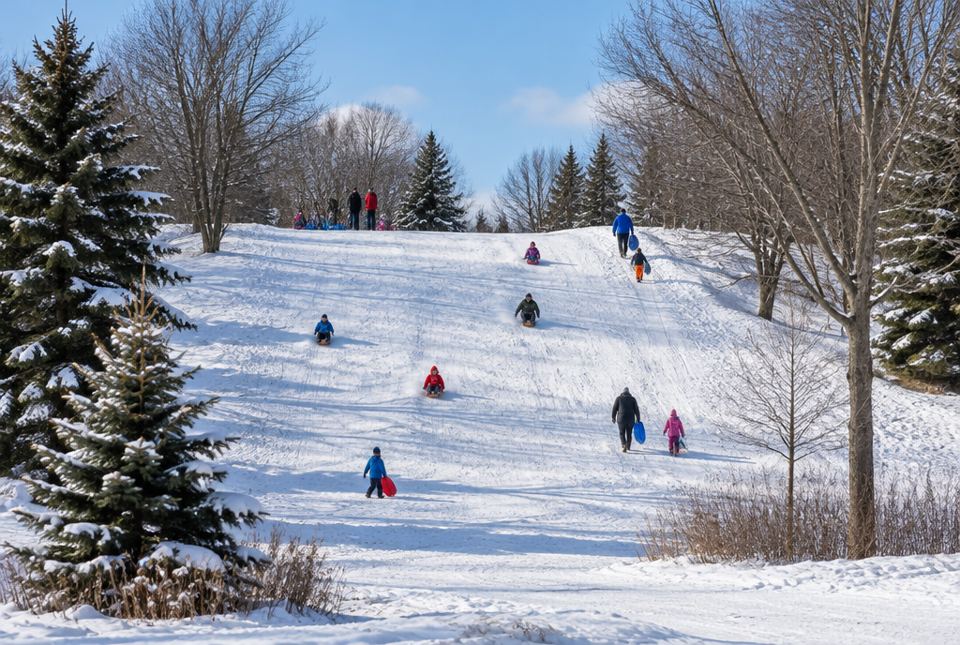 Families sledding and walking up a snowy hill in a park on a sunny winter day, seen from a distance.