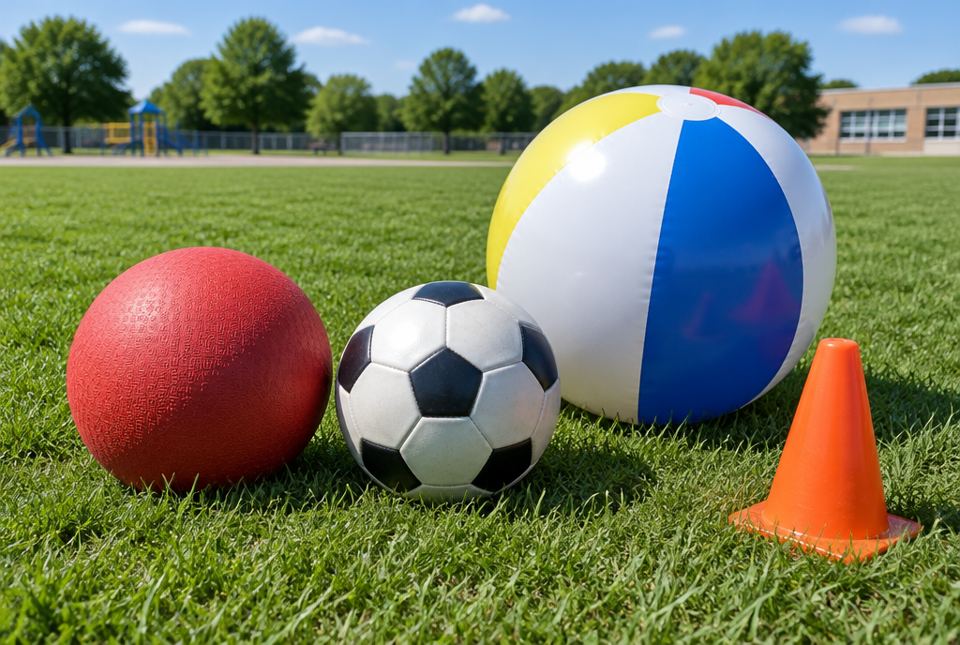 A red playground ball, a soccer ball, a beach ball and an orange cone on the grass of a school field.