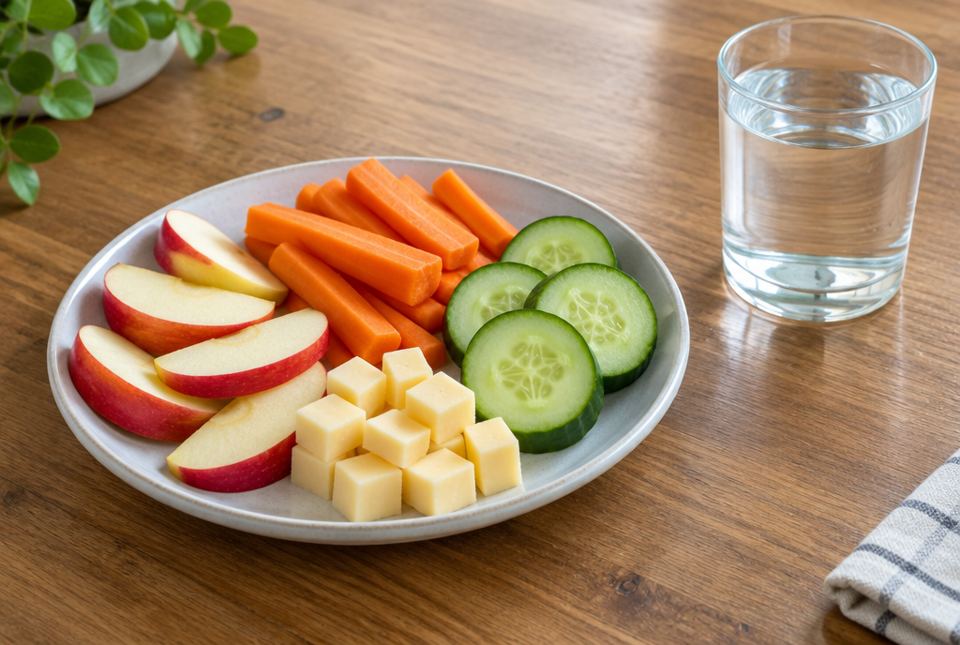 A plate of apple slices, carrot sticks, cucumber slices and cheese cubes next to a glass of water.