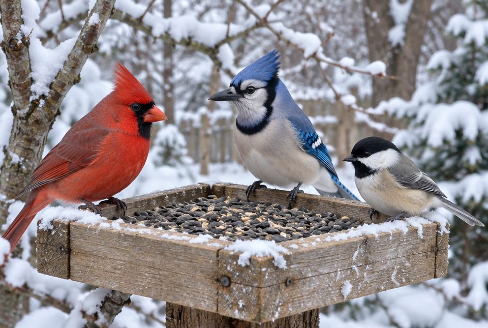 A northern cardinal, a blue jay and a black-capped chickadee on a snowy wooden bird feeder full of seeds.