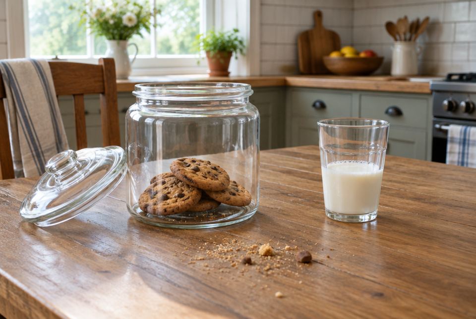 A glass cookie jar with its lid off, cookie crumbs on a wooden kitchen table and a glass of milk.