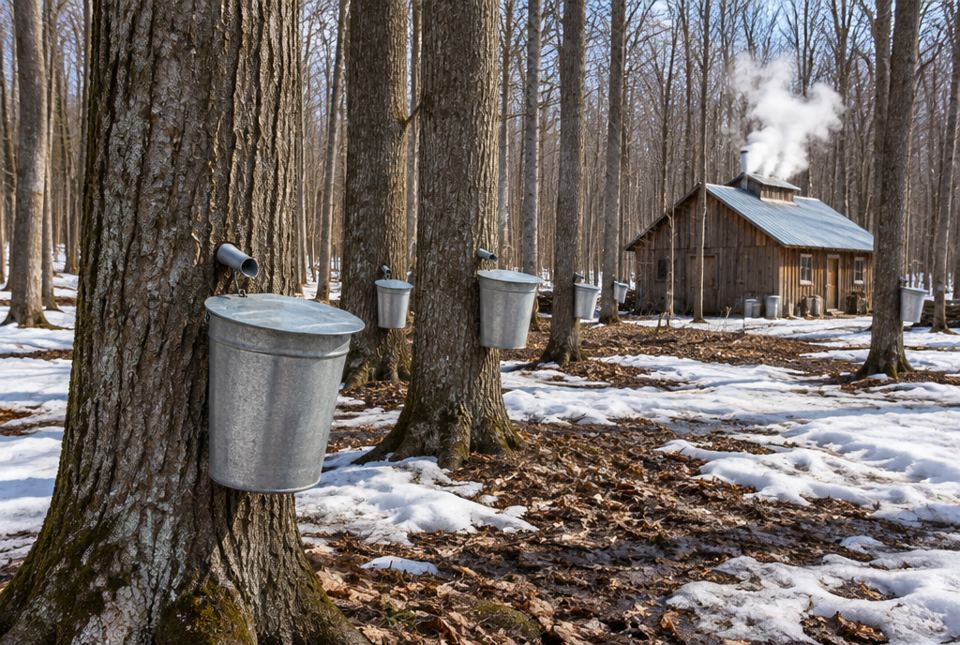 Metal sap buckets hanging on maple tree trunks in a snowy forest, with steam rising from a wooden sugar shack.