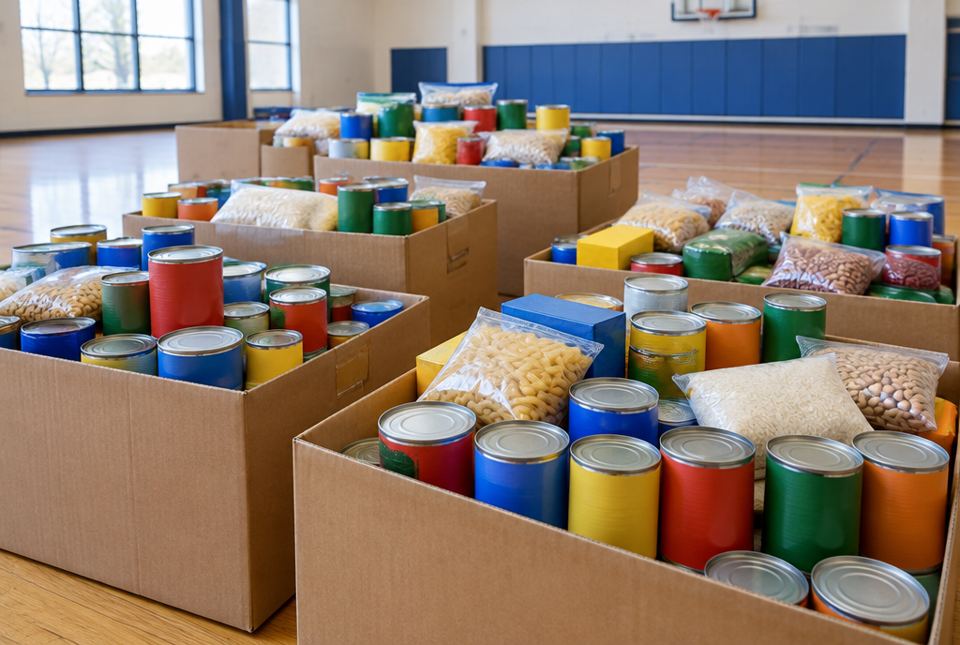 Cardboard boxes full of canned food and packages of pasta and beans on a school gym floor.