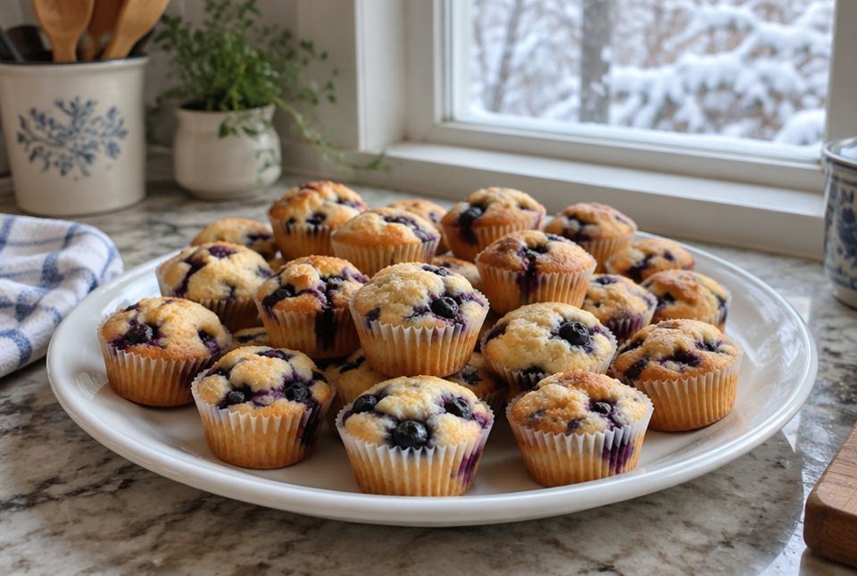 A plate of blueberry muffins on a kitchen counter next to a snowy window.