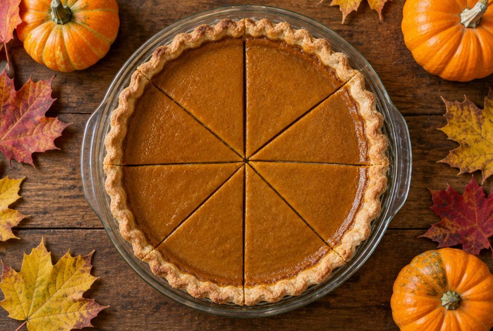 A pumpkin pie in a glass dish cut into eight equal slices, with small pumpkins and autumn leaves around it.